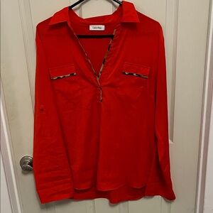 Calvin Klein Vibrant Orange Blouse with Leopard Trim